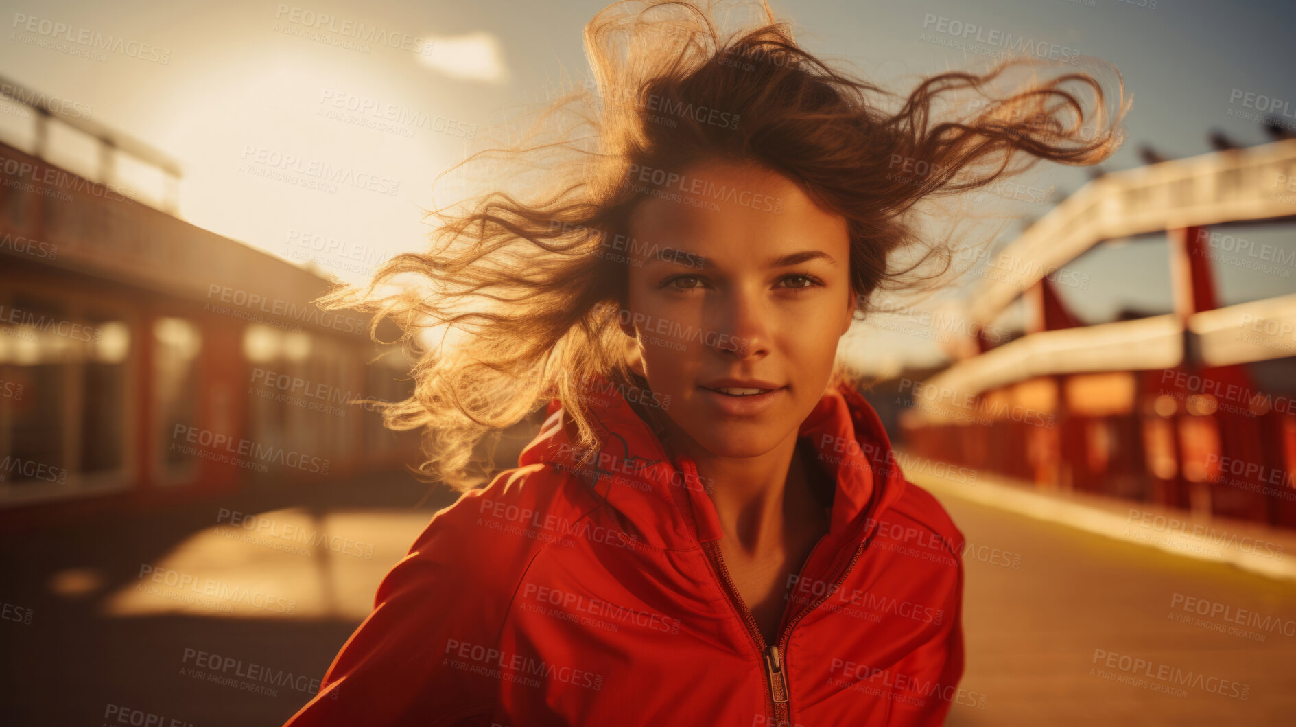 Buy stock photo Portrait of young, fit woman running in urban road. Fitness, sport, runner Concept.