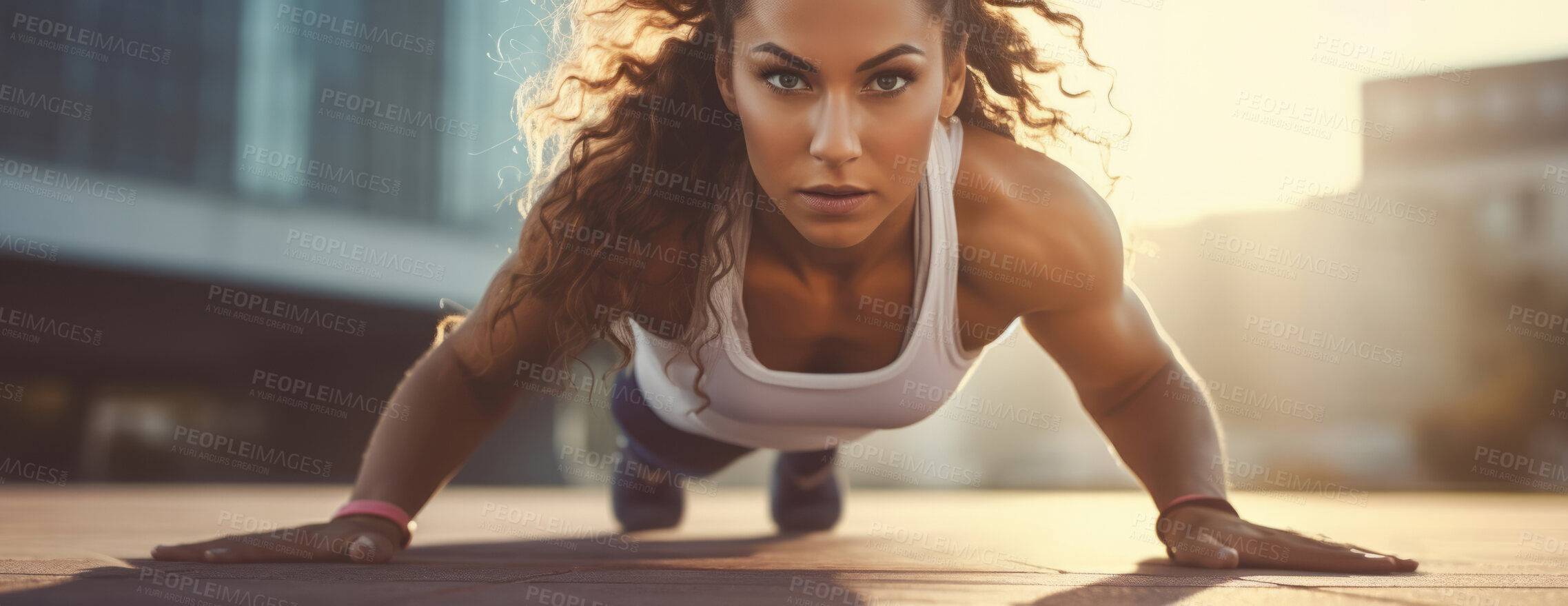 Buy stock photo Fit woman plank posing in urban area. Athletic woman. Fitness concept.