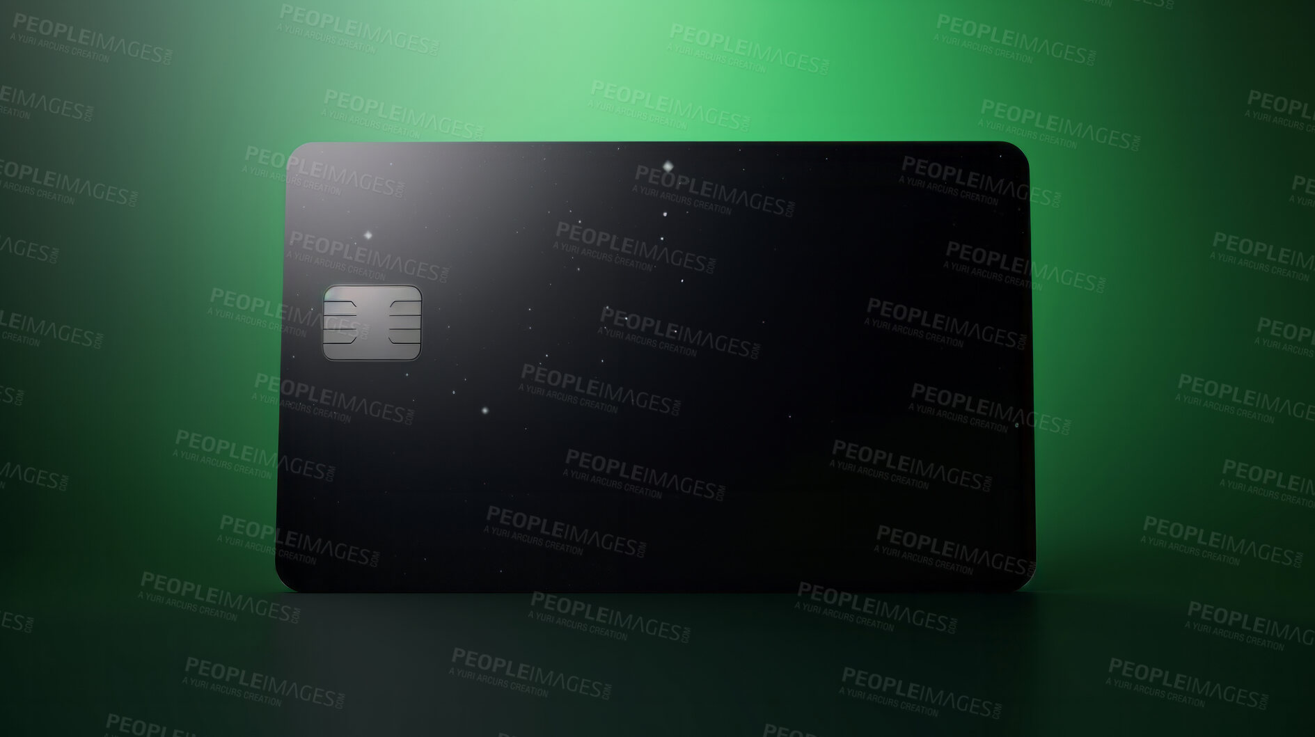 Buy stock photo Blank black bank card or gift voucher card on a green background. Birthday gift
