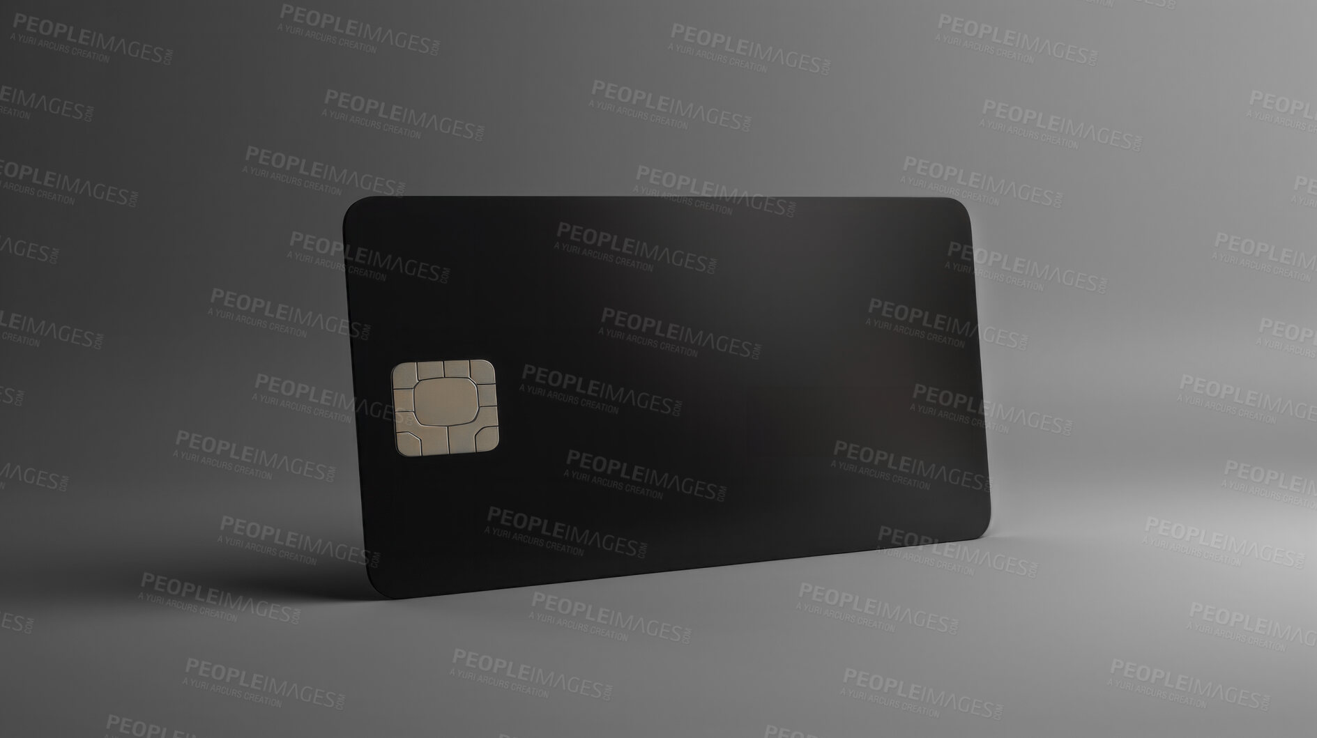 Buy stock photo Blank black bank card or gift voucher card on a grey background. Birthday gift
