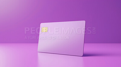 Blank white bank card or gift voucher card on a purple background. Birthday gift