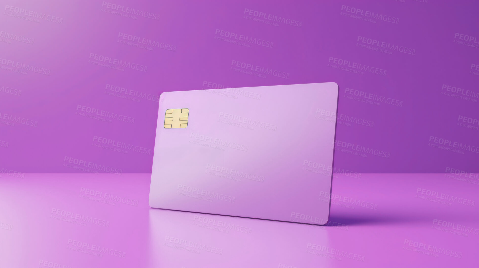 Buy stock photo Blank white bank card or gift voucher card on a purple background. Birthday gift