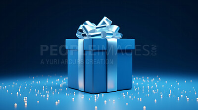 Blue gift box with blue bow on a blue background. Birthday, anniversary, christmas present