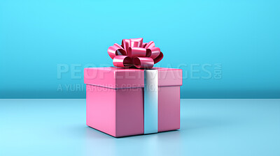 Pink gift box with blue bow on a blue background. Birthday, anniversary, christmas present