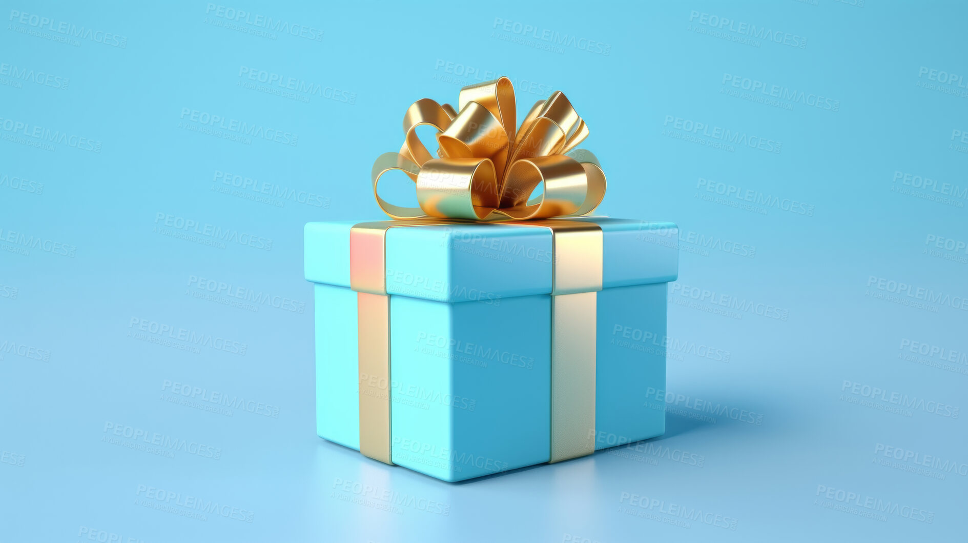 Buy stock photo Blue gift box with gold bow on a blue background. Birthday, anniversary, christmas present