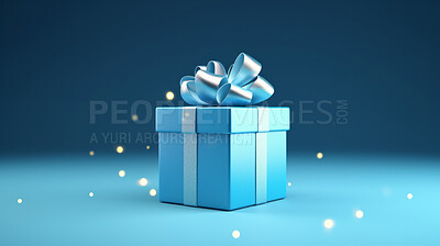 Blue gift box with blue bow on a blue background. Birthday, anniversary, christmas present