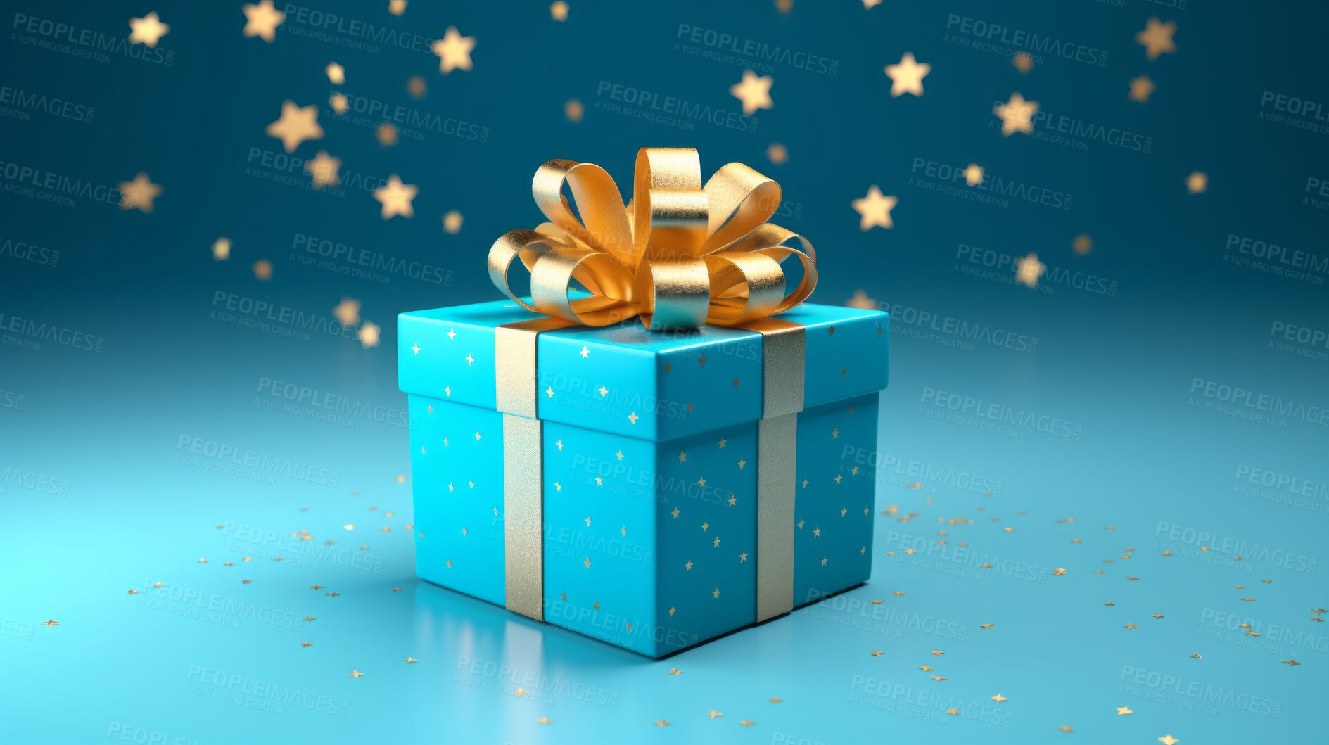 Buy stock photo Blue gift box with gold bow on a blue background. Birthday, anniversary, christmas present