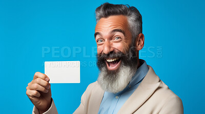 Buy stock photo Happy mature man holding a ticket or gift voucher. Excited male holding a blank card