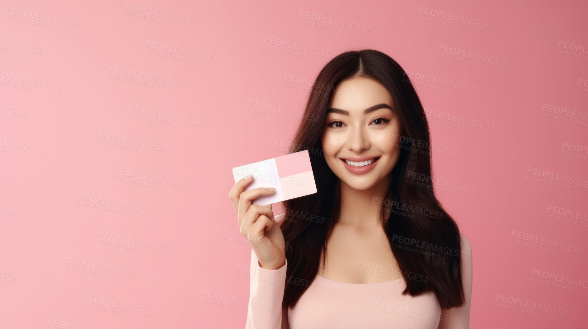 Buy stock photo Happy young woman holding a ticket or gift voucher. Excited female holding a blank card