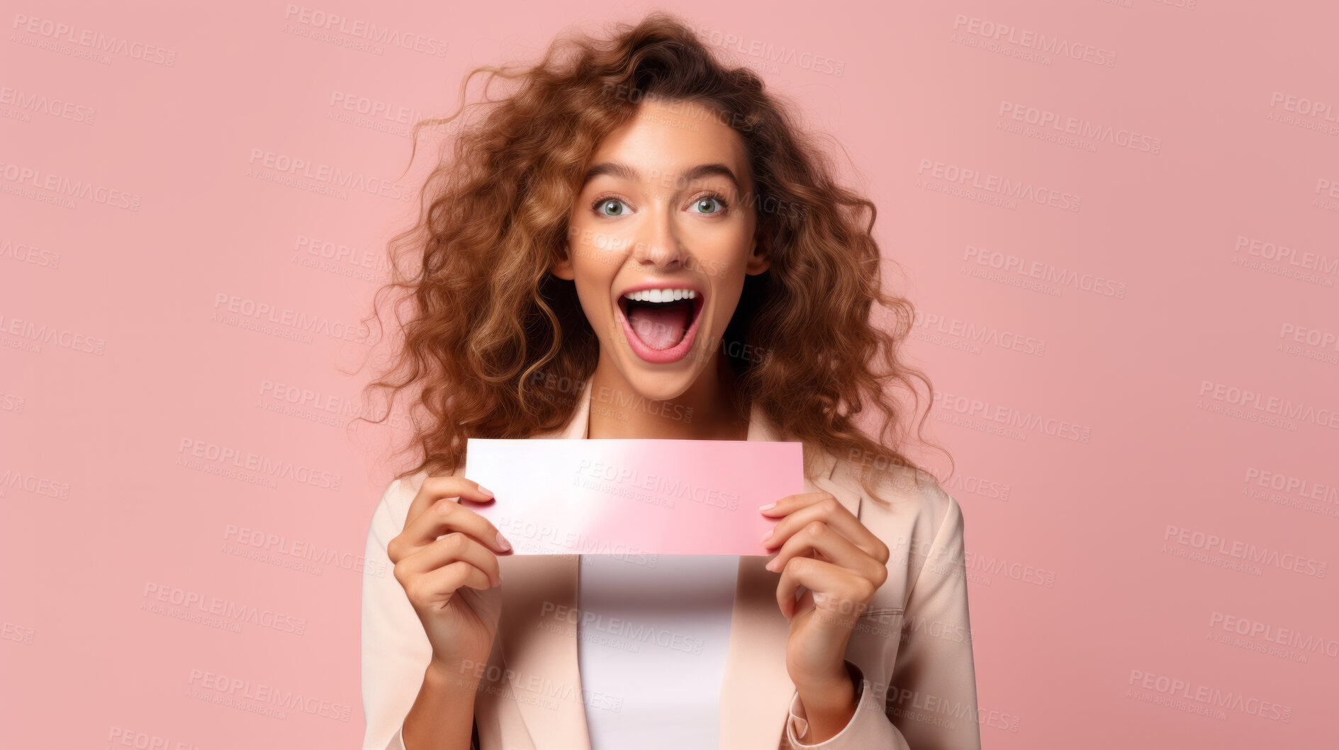 Buy stock photo Happy young woman holding a ticket or gift voucher. Excited female holding a blank card