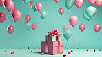 Pink gift box with pink bow.  Balloons and present on a turquoise background.