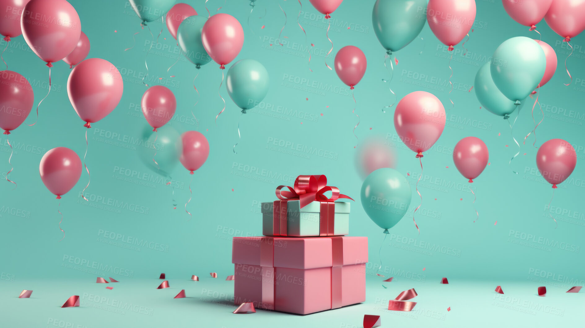 Buy stock photo Pink gift box with pink bow.  Balloons and present on a turquoise background.