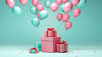 Pink gift box with pink bow.  Balloons and present on a turquoise background.