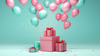 Pink gift box with pink bow. Balloons and present on a turquoise background.
