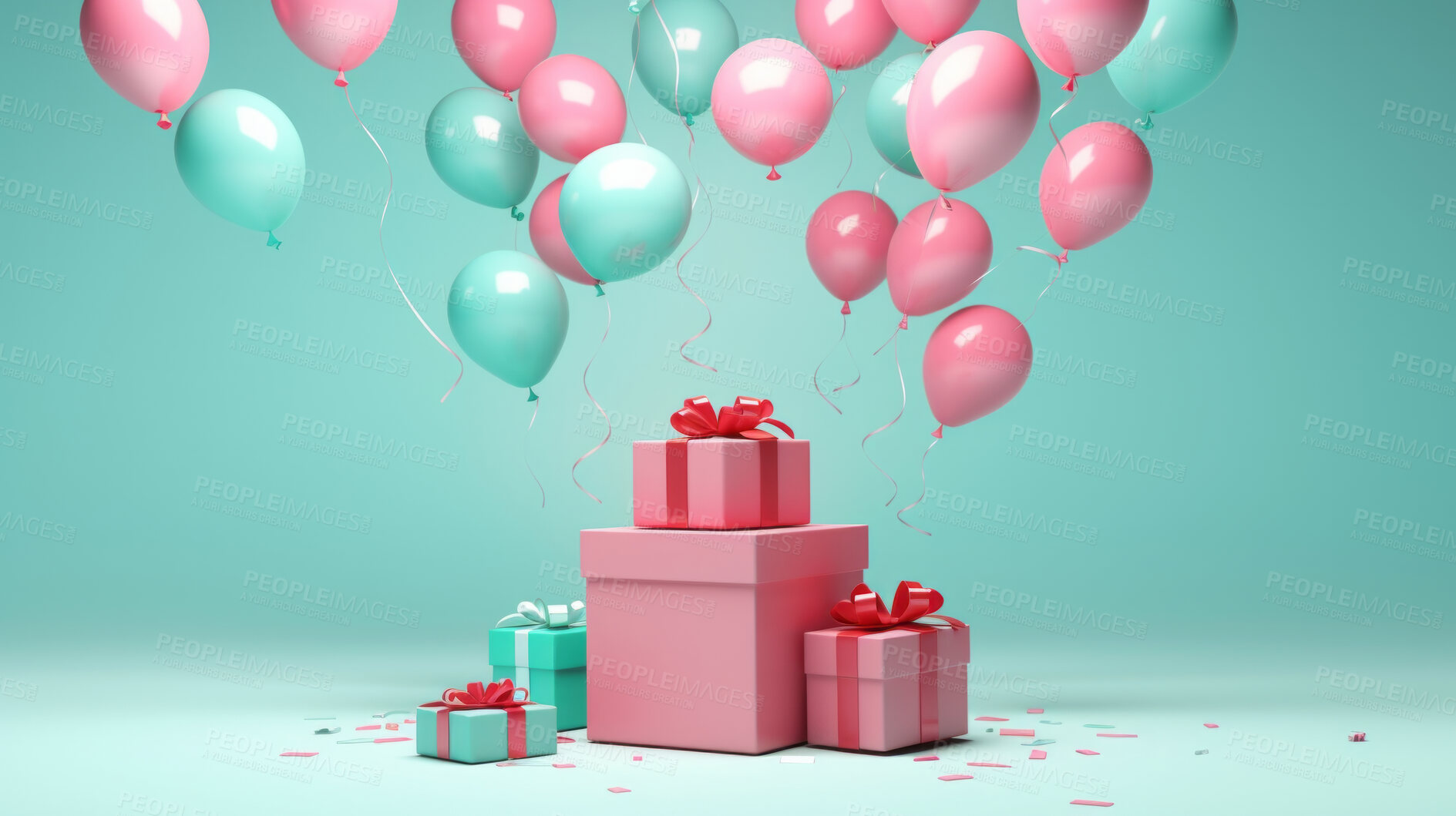 Buy stock photo Pink gift box with pink bow.  Balloons and present on a turquoise background.