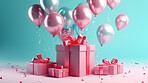 Pink gift box with pink bow.  Balloons and present on a pink and turquoise background.