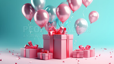 Pink gift box with pink bow. Balloons and present on a pink and turquoise background.