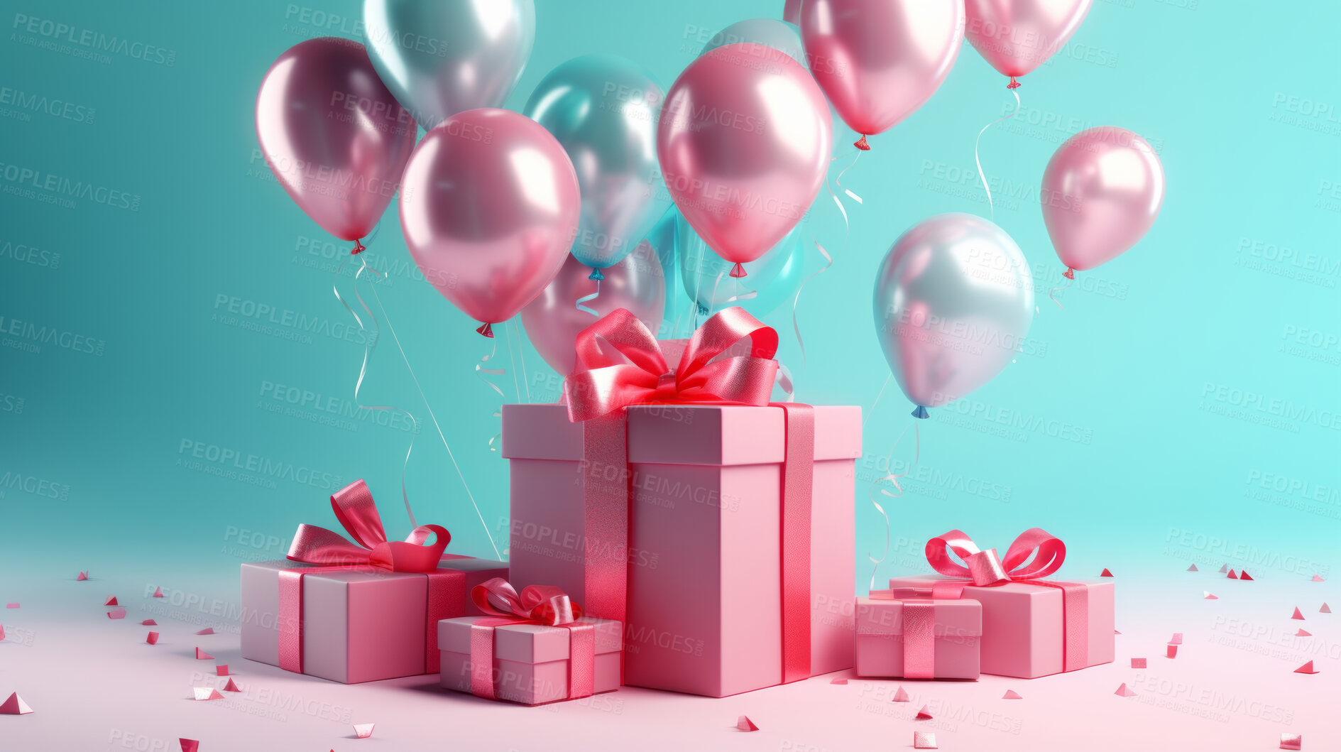 Buy stock photo Pink gift box with pink bow.  Balloons and present on a pink and turquoise background.