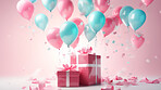 Pink gift box with pink bow.  Balloons and presents on a pink background. Birthday gift