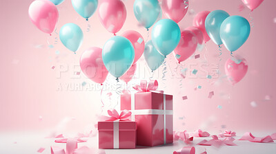 Pink gift box with pink bow. Balloons and presents on a pink background. Birthday gift