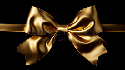 Golden bow on black background. Gift, present, decor for birthday, Valentine or christmas