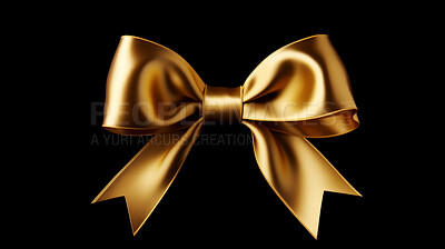 Buy stock photo Golden bow on black background. Gift, present, decor for birthday, Valentine or christmas