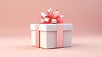 White gift box with pink bow on a pink background. Birthday, Valentine, Christmas present