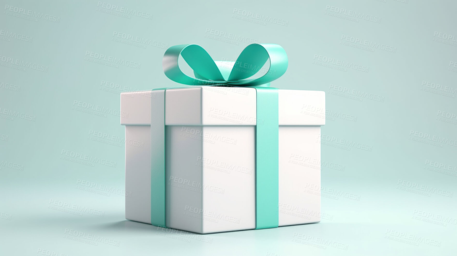 Buy stock photo White gift box with turquoise bow on a turquoise background. Birthday present