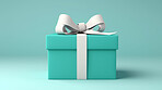 Turquoise gift box with white bow on a turquoise background. Birthday present