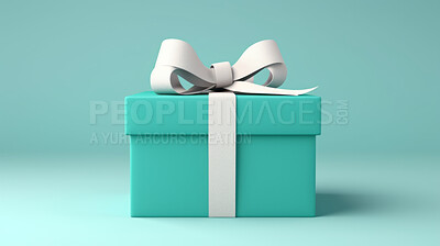 Turquoise gift box with white bow on a turquoise background. Birthday present