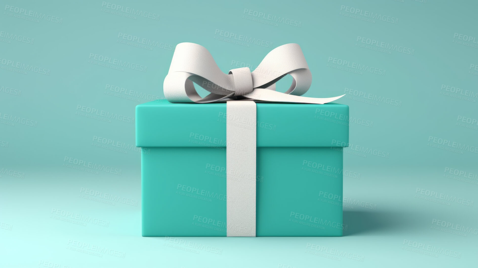 Buy stock photo Turquoise gift box with white bow on a turquoise background. Birthday present