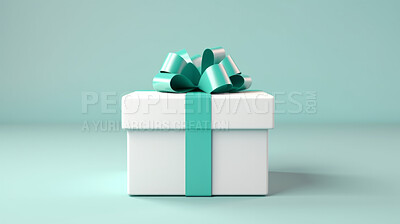 Buy stock photo White gift box with turquoise bow on a turquoise background. Birthday present