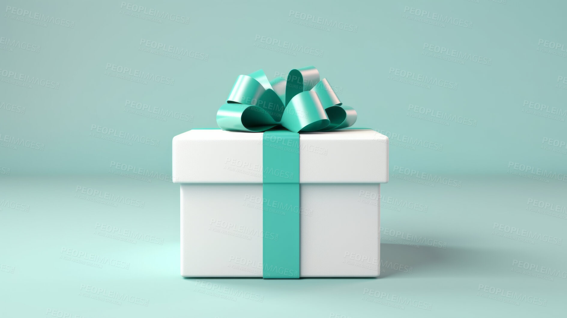 Buy stock photo White gift box with turquoise bow on a turquoise background. Birthday present