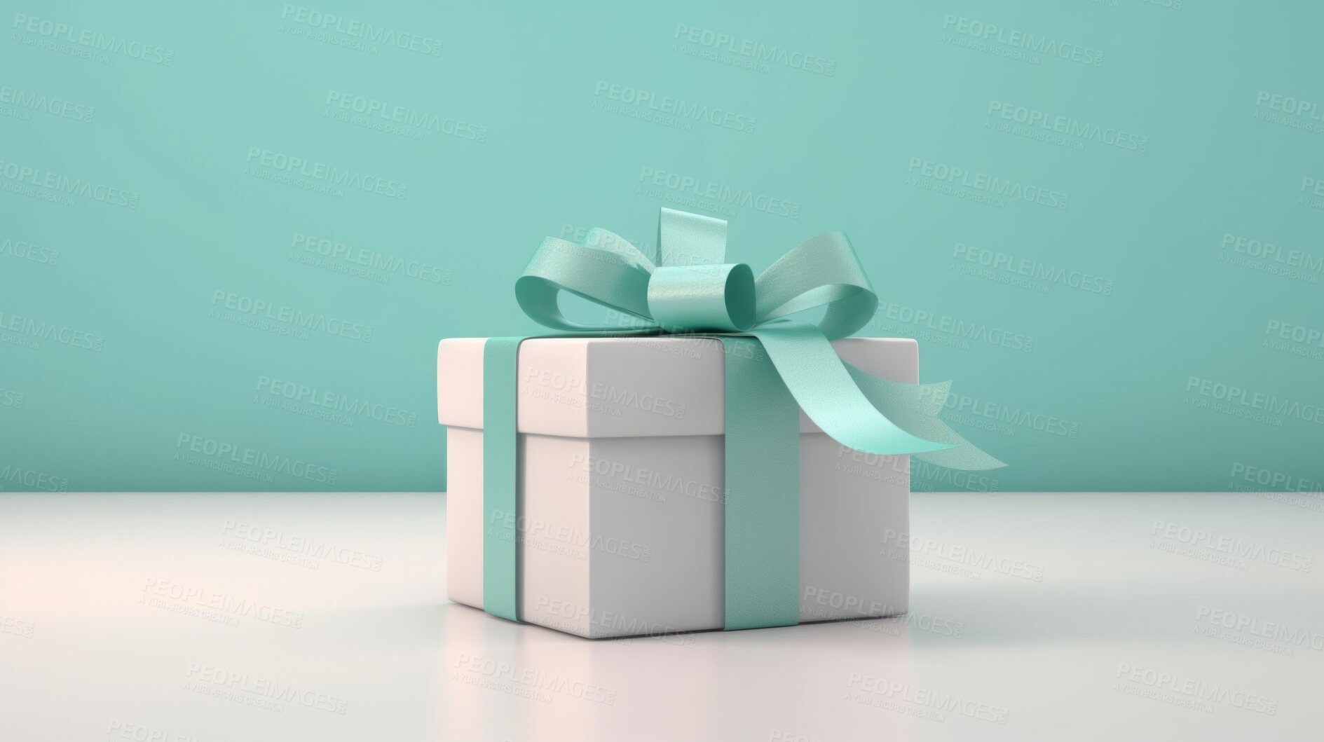 Buy stock photo White gift box with turquoise bow on a turquoise background. Birthday present