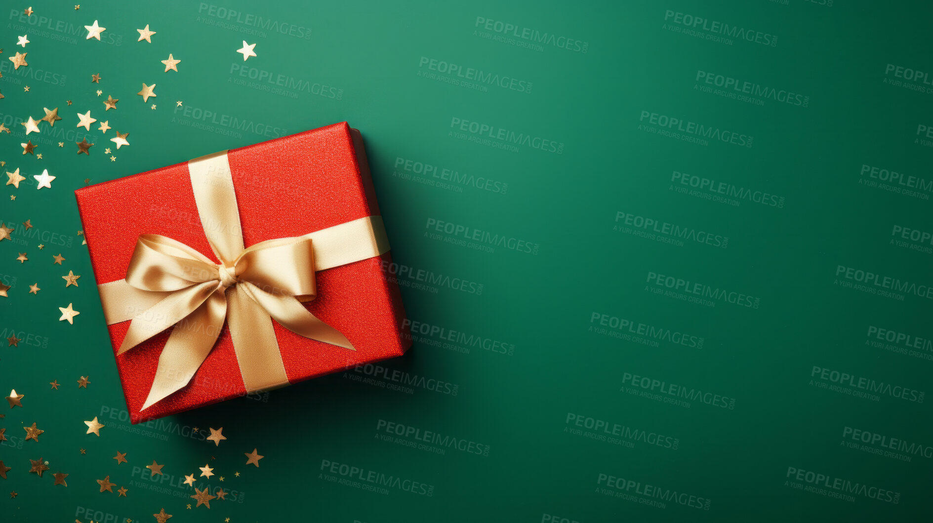 Buy stock photo Red gift box with gold ribbon or bow on a green background. Valentine, Christmas or birthday