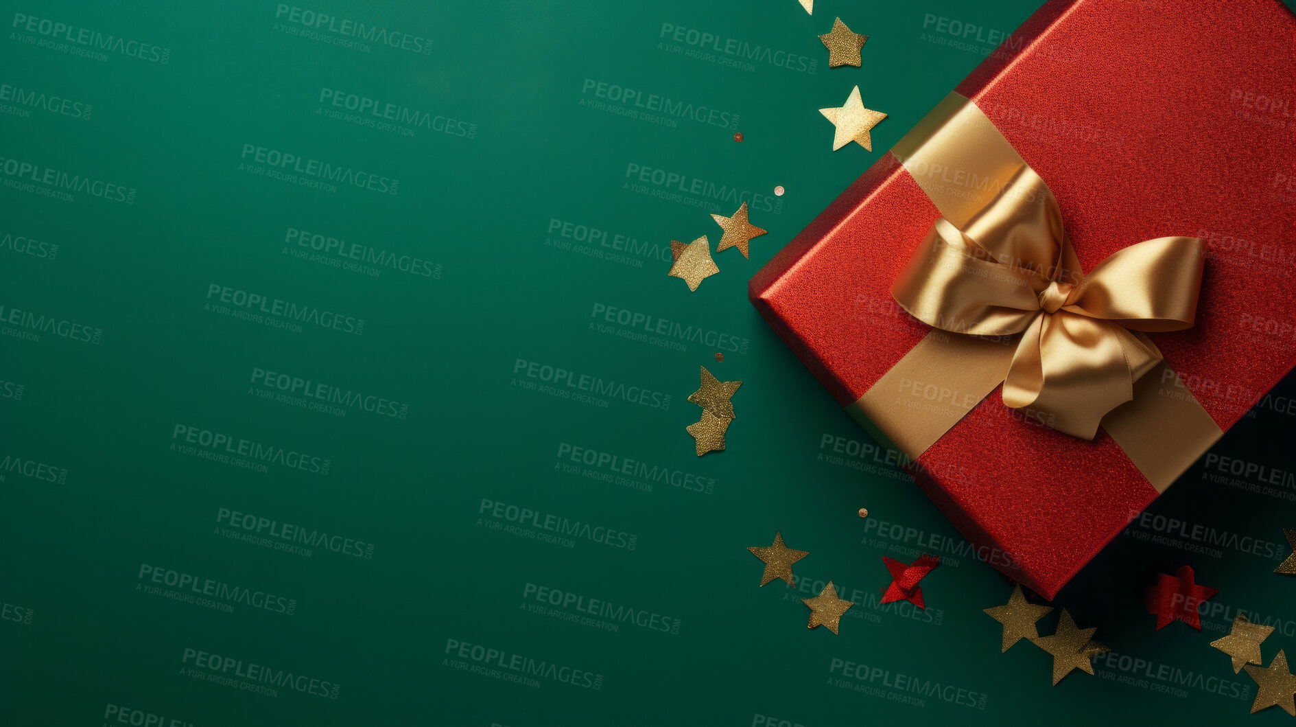 Buy stock photo Red gift box with gold ribbon or bow on a green background. Valentine, Christmas or birthday