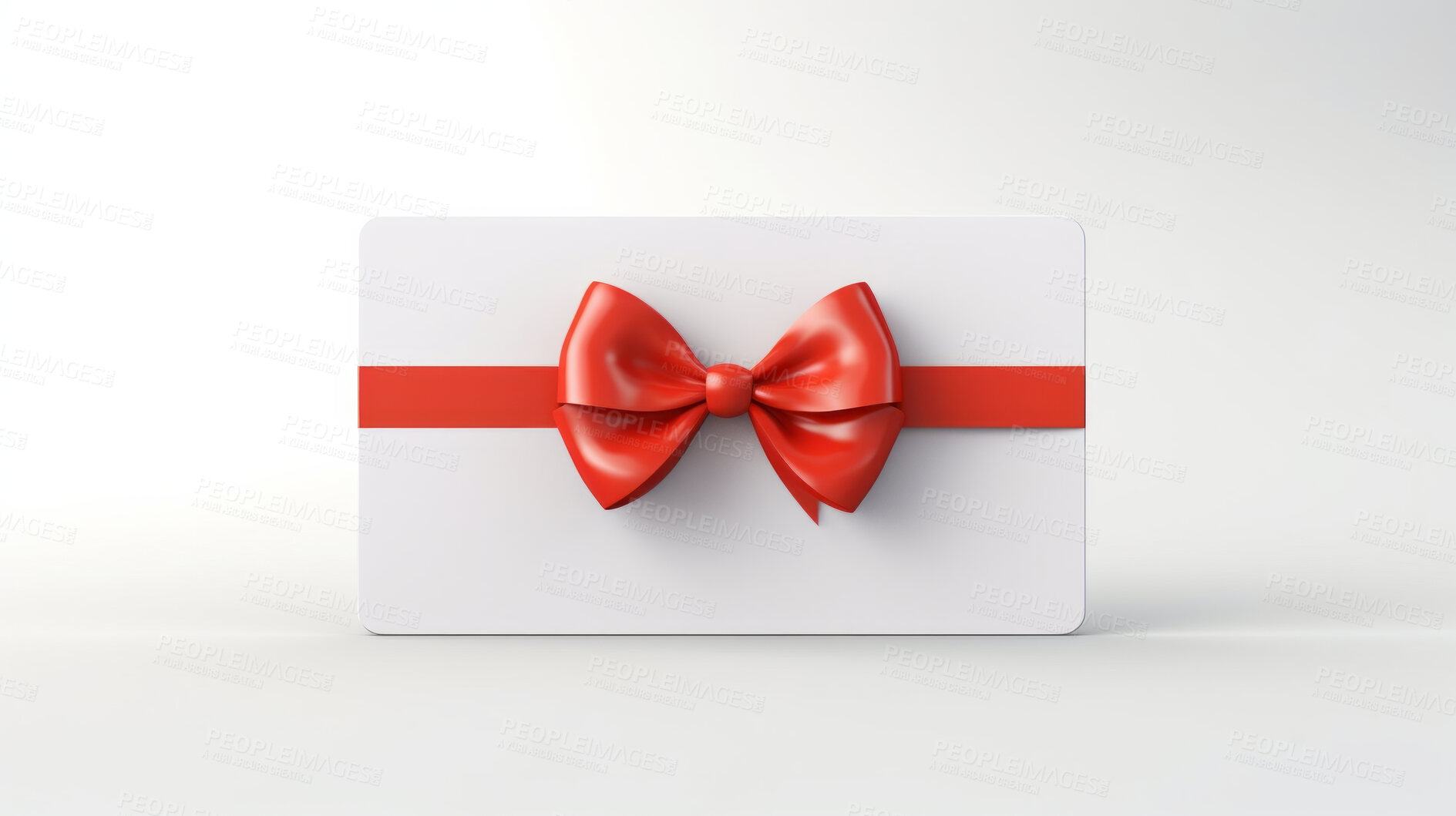 Buy stock photo White gift card with red bow on a plain white background. Voucher or birthday gift