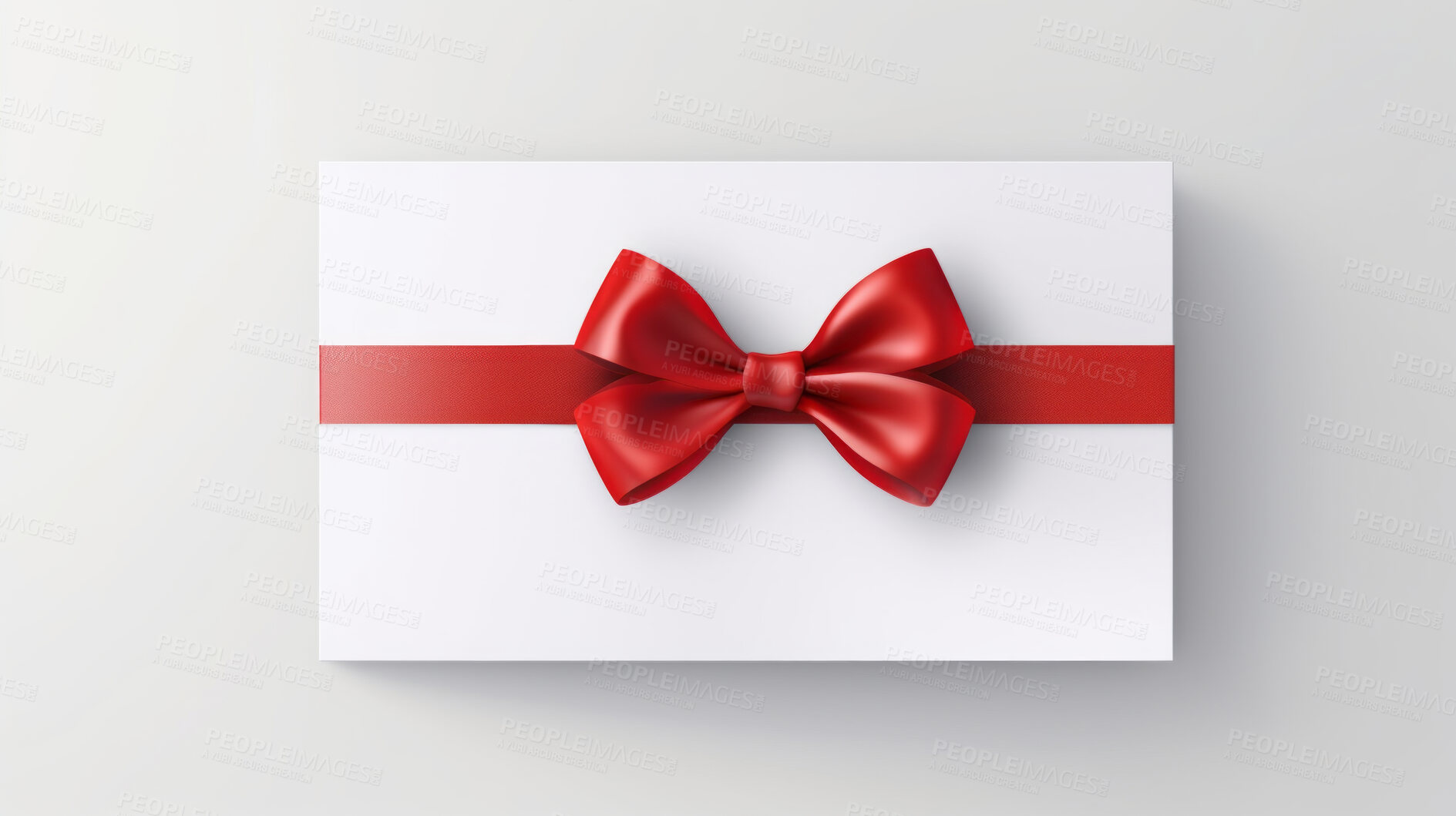 Buy stock photo White gift card with red bow on a plain white background. Voucher or birthday gift