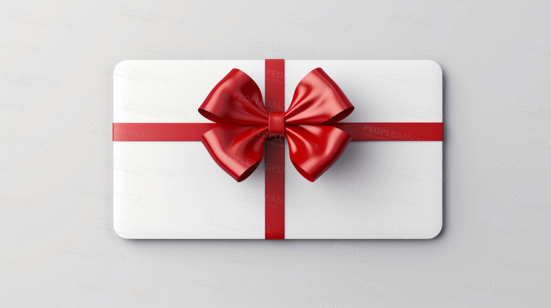 Buy stock photo White gift card with red bow on a plain white background. Voucher or birthday gift