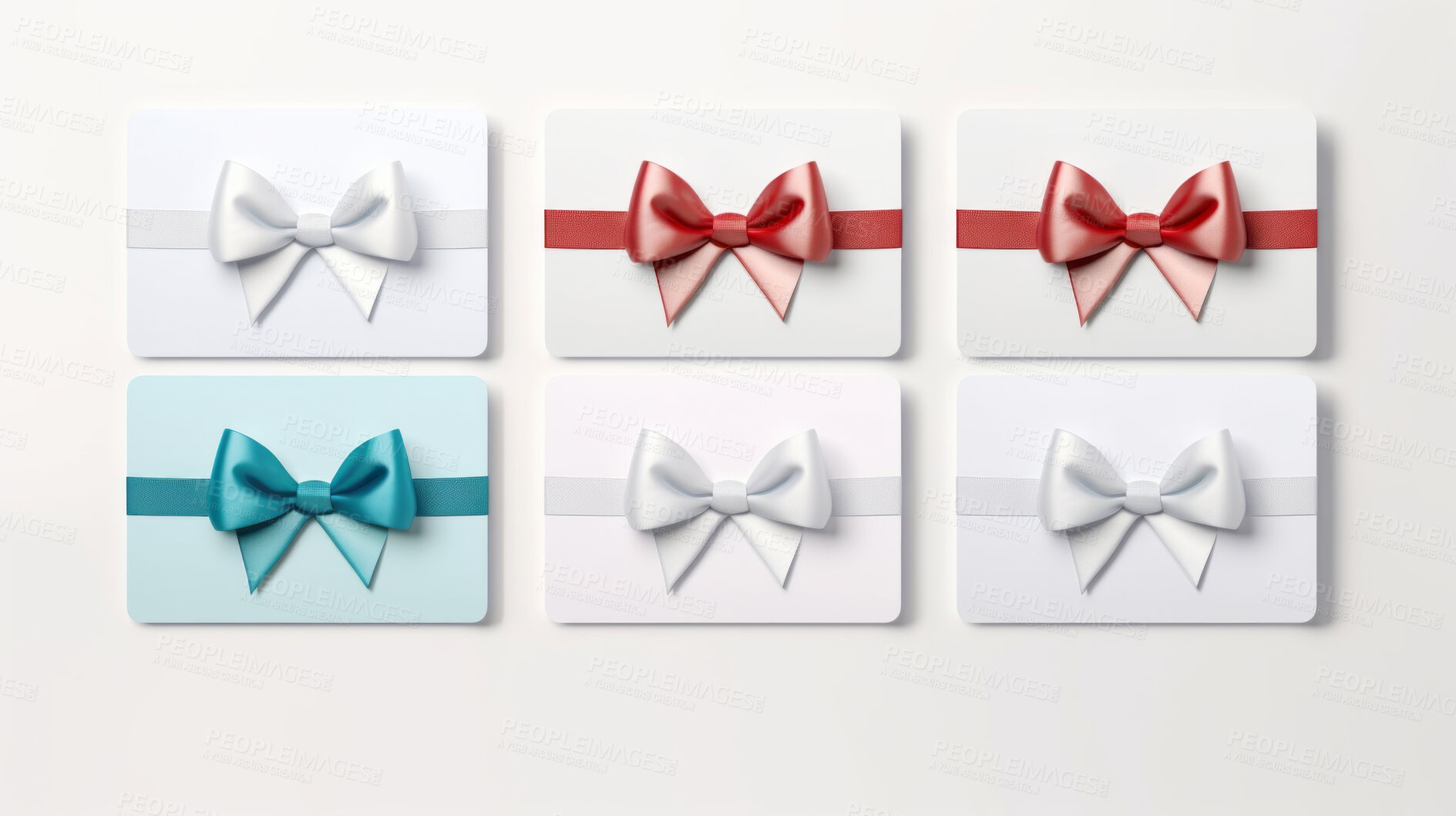 Buy stock photo Various gift cards with bows on a plain white background. Voucher or birthday gift