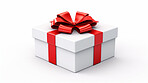 White gift box with red ribbon or bow on a white background. Valentine, Christmas or birthday