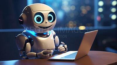 Buy stock photo Cute artificial intelligence robot chatbot with laptop. Robot chatting or working