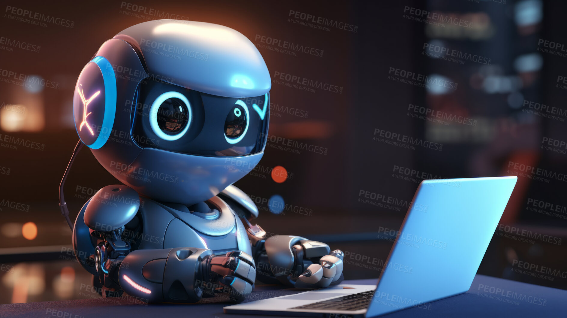 Buy stock photo Cute artificial intelligence robot chatbot with laptop. Robot chatting or working