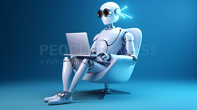 Cute artificial intelligence robot chatbot with laptop. Robot chatting or working