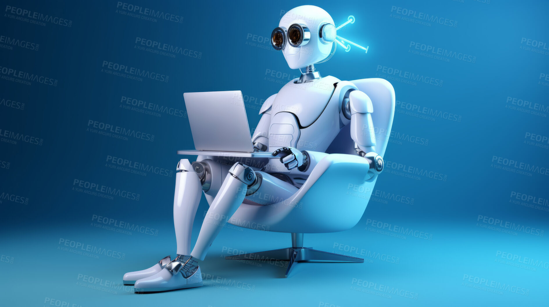 Buy stock photo Cute artificial intelligence robot chatbot with laptop. Robot chatting or working