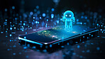Hologram of chatbot or artificial intelligence floating above a cellphone screen