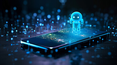 Hologram of chatbot or artificial intelligence floating above a cellphone screen