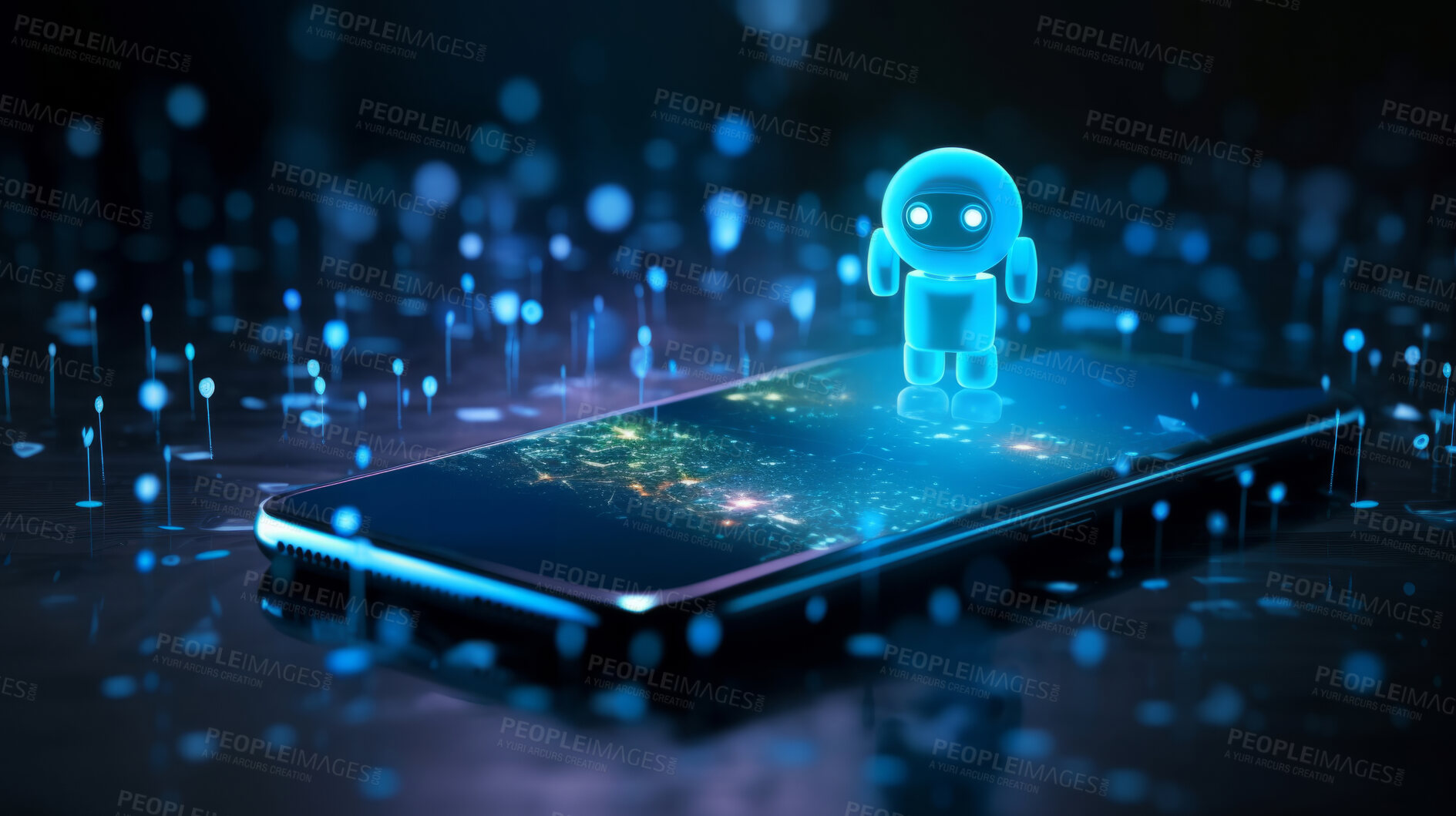 Buy stock photo Hologram of chatbot or artificial intelligence floating above a cellphone screen