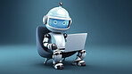 Cute artificial intelligence robot chatbot with laptop. Robot chatting or working