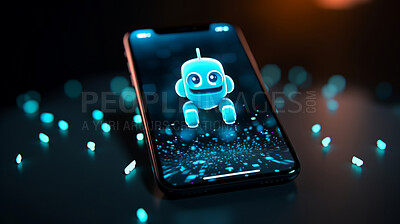 Buy stock photo Artificial intelligence robot chatbot with laptop. Robot chatting on a cellphone screen